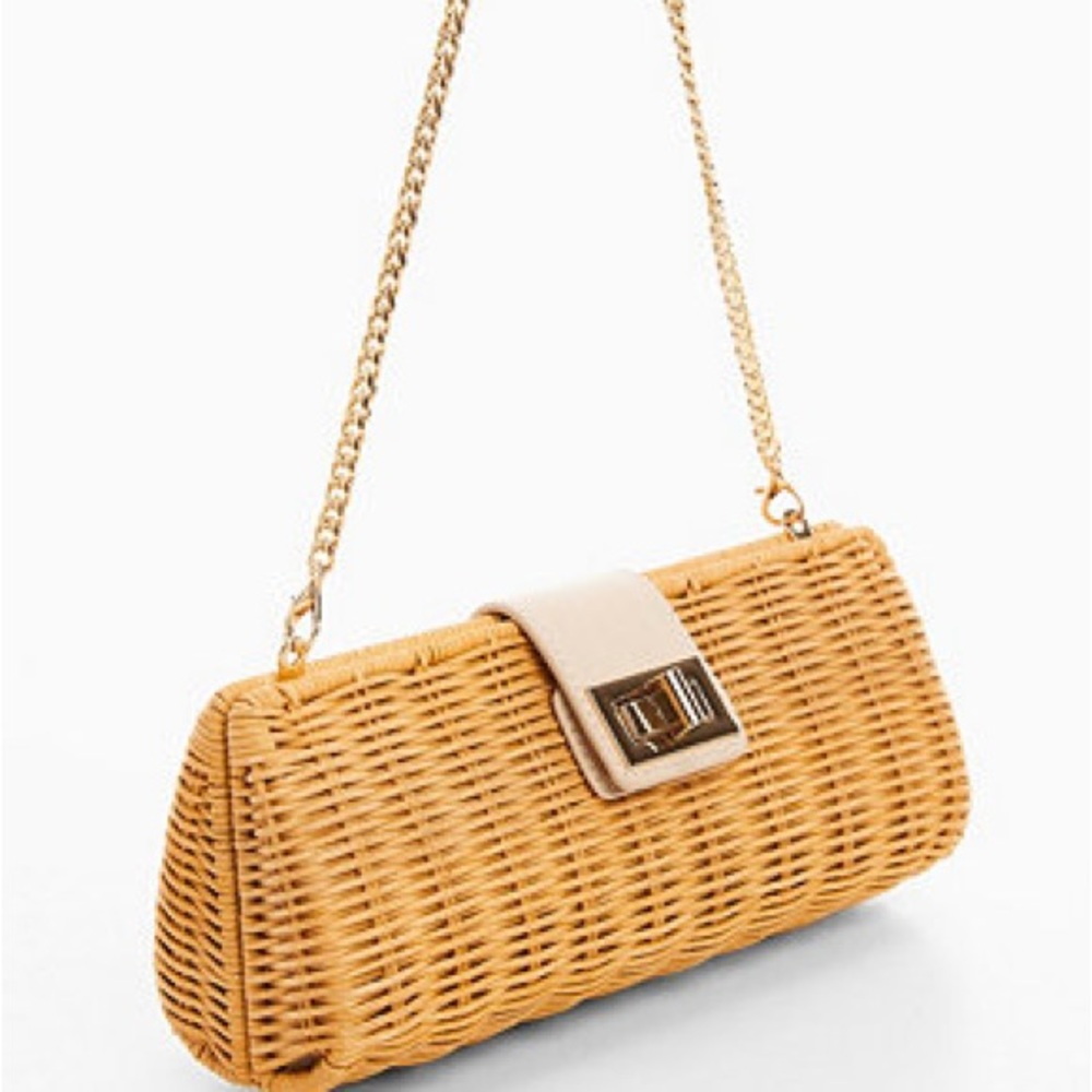 Brown and Tan Rattan/Wicker/Woven Chain Strap Bag